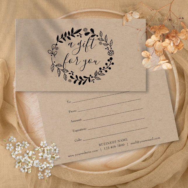 Skogsinspirerad girlang Rustik Kraft presentcertif Visitkort (Woodland Garland Rustic Kraft Gift Certificate)