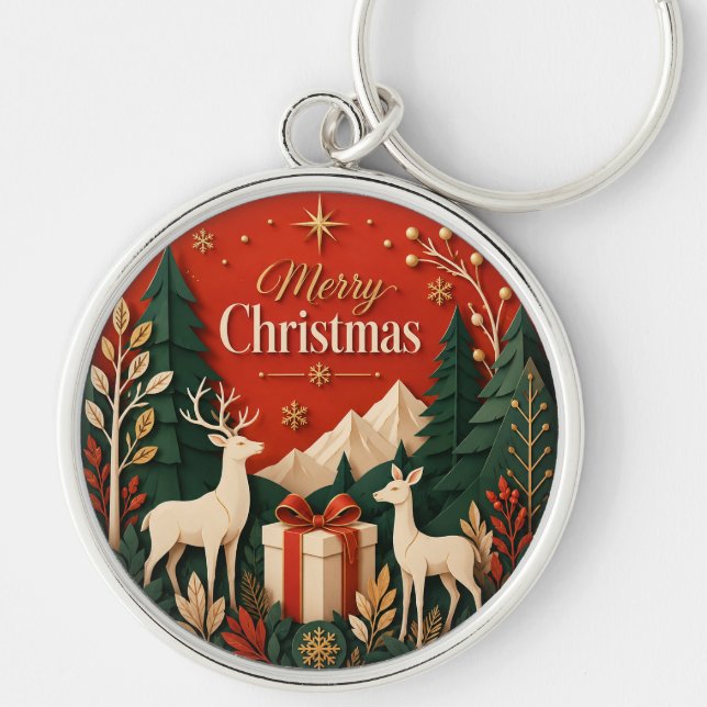 Skogsjulpresent med hjortar rund silverfärgad nyckelring (Framsidan)