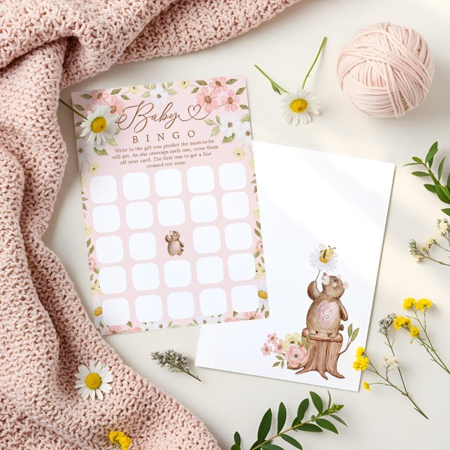 Skogskassakort för Bingo Flicka Inbjudningar (Woodland Bear Bingo Baby Girl Shower Game Card)