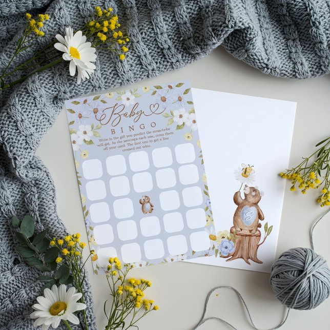 Skogskassakort för Bingo Pojke Inbjudningar (Woodland Bear Bingo Baby Boy Shower Game Card)