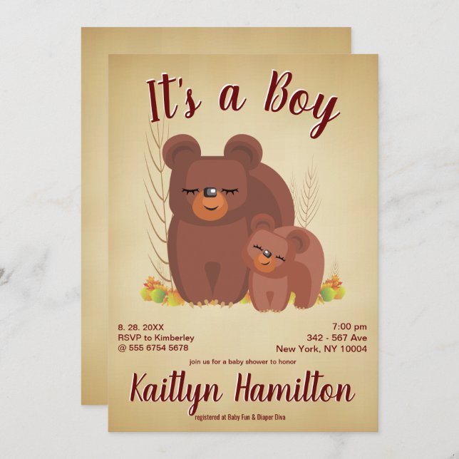 Skogskläder Bear Unge Boy Mor Baby Shower Inbjudningar (Fram/baksida)