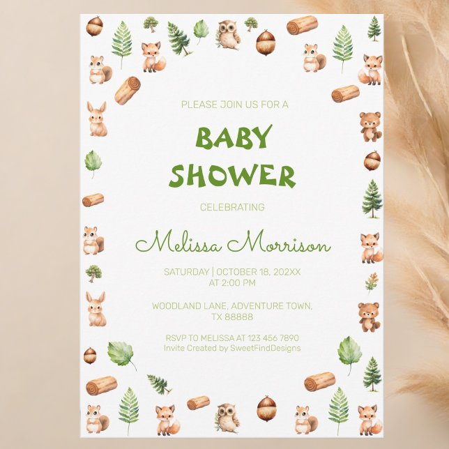 Skogskläder i skogarna Rustic Baby Shower Inbjudningar (Woodland Forest Creatures Rustic Baby Shower Invitation)