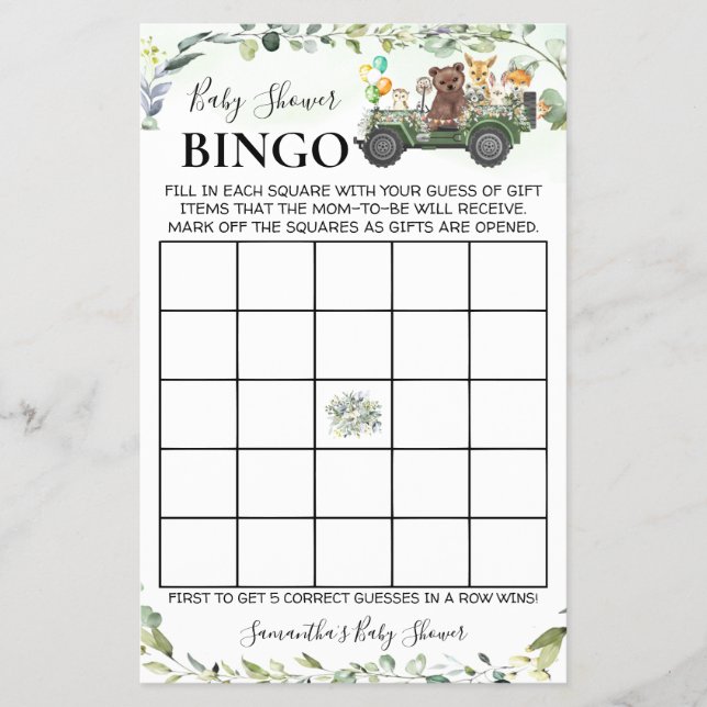 Skogskö Baby djur Shower Bingo Game Card Flygblad (Framsidan)