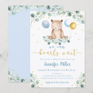 Skogskö Bear Blue Guld Greenery Baby Shower Inbjudningar