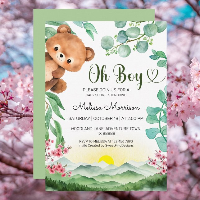 Skogskö i Unge Pojke Inbjudningar (Bear Forest Cub Baby Boy Shower Invitation)