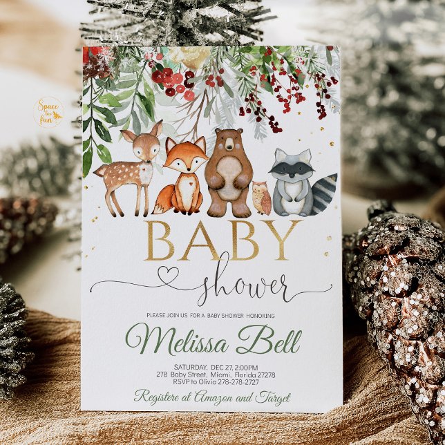 Skogsköld Skogskötare Inbjudningar (Woodland Forest Animal Baby Shower invitation with cute forest creatures like deer, foxes, and bears)