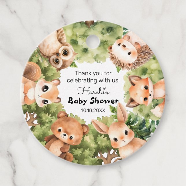 Skogskomplex babystövel i skogskretsar gåvor etiketter (Framsida)