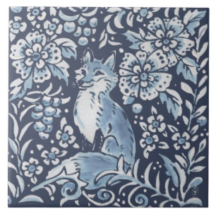Skogskonst i klassisk Blue White Ornate Fox Forest Kakelplatta