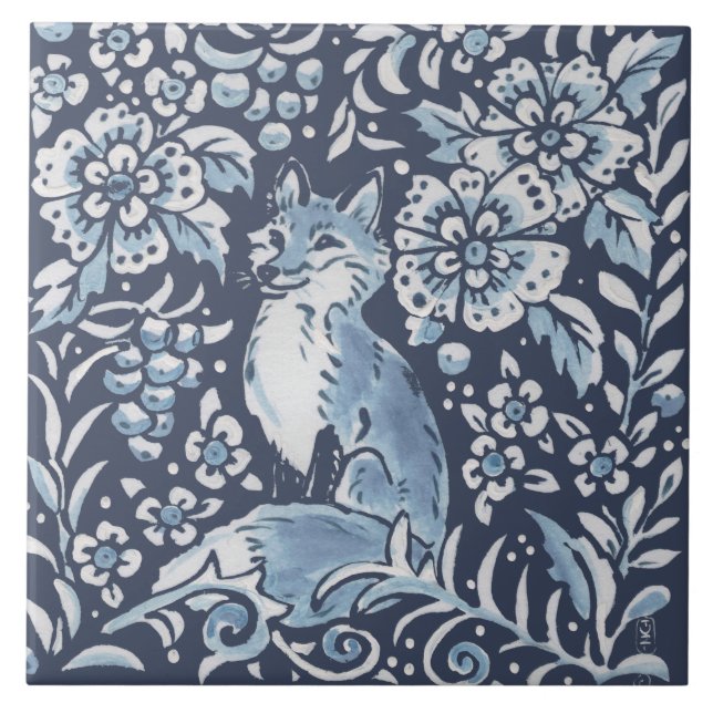 Skogskonst i klassisk Blue White Ornate Fox Forest Kakelplatta (Framsidan)