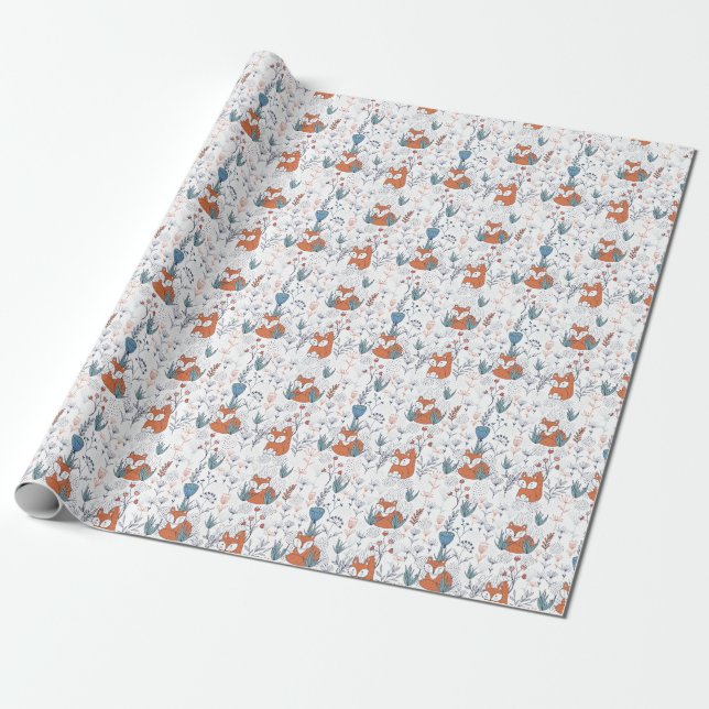 Skogskonstruktion, rävar och blommor i barn. presentpapper (Utrullad)