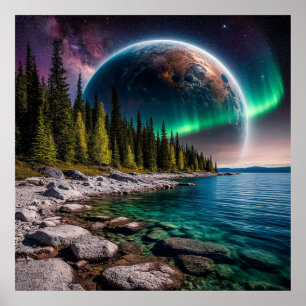 Skogskust under en kosmisk himmel med Aurora Poster
