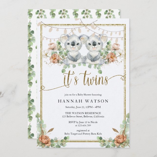 Skogskvalpar Könsneutrala Tvillingar Bebisbadkar-f Inbjudningar (Fram/baksida)