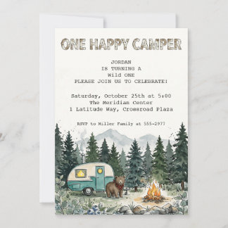 Skogsland Teal Vintage Camping Första Födelsedag Inbjudningar