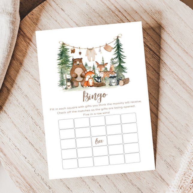 Skogslevande Djur Baby Shower Bingo Spel (Woodland Animals Adventure Awaits Rustic Baby Shower Game)