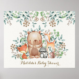 Skogslevande Djur Baby Shower Födelsedagsbakgrund Poster