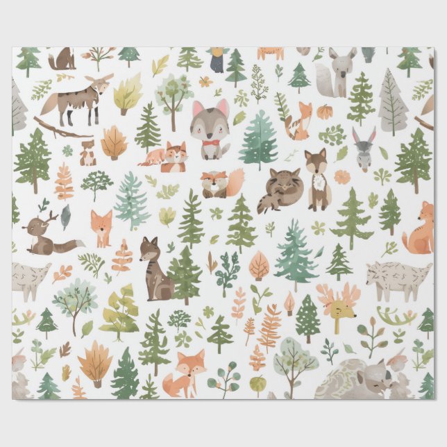 Skogslevande djur baby shower könsneutral presentpapper (Platt)