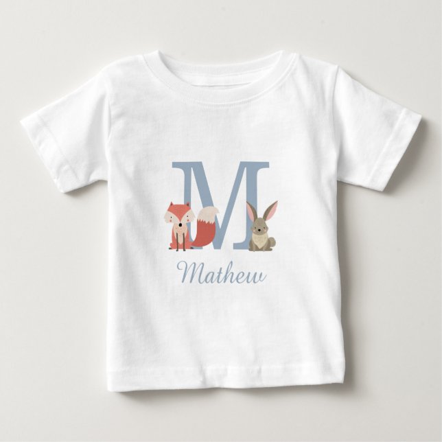 Skogslevande djur Blå babypojke initial monogram T Shirt (Framsida)