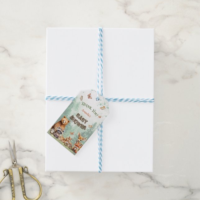 Skogslevande djur Blommig baby shower Tack Presentetikett (Med Snöre)