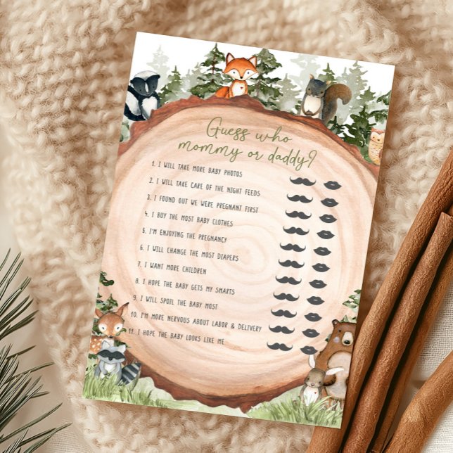 Skogslevande Djur Gissa Vem Mamma eller Pappa Spel (Boy Woodland Animals Baby Shower Guess Who Mommy or Daddy Game)