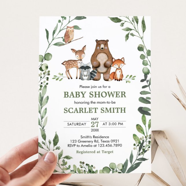 Skogslevande djur Grönska Baby Shower  Inbjudningar (Woodland Animals Baby Shower Invitation)