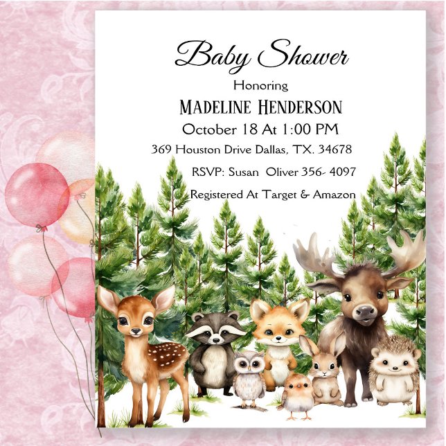 Skogslevande djur i skogen Baby Shower-inbjudan Inbjudningar (Skapare uppladdad)