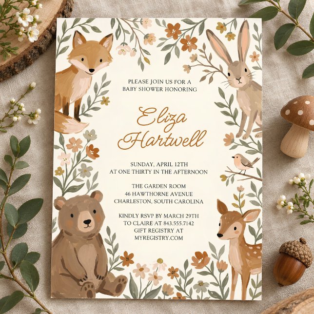 Skogslevande Djur Könsneutrala Babyshower Inbjudningar (woodland animals baby shower invite with bear, fox, deer and rabbit)