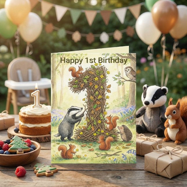 Skogslevande Djur Nummer 1 | Första Födelsedagsfot Kort (Woodland Animals Number 1 | First Birthday Photo Card. Badger Squirrel Owl Forest Storybook Art)