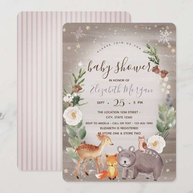 Skogslevande djur Randig Baby Shower-inbjudan Inbjudningar (Fram/baksida)