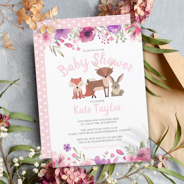 Skogslevande djur Rosa blommig babyflicka shower Inbjudningar (Woodland Animals Pink Floral Baby Girl Shower Invitation)