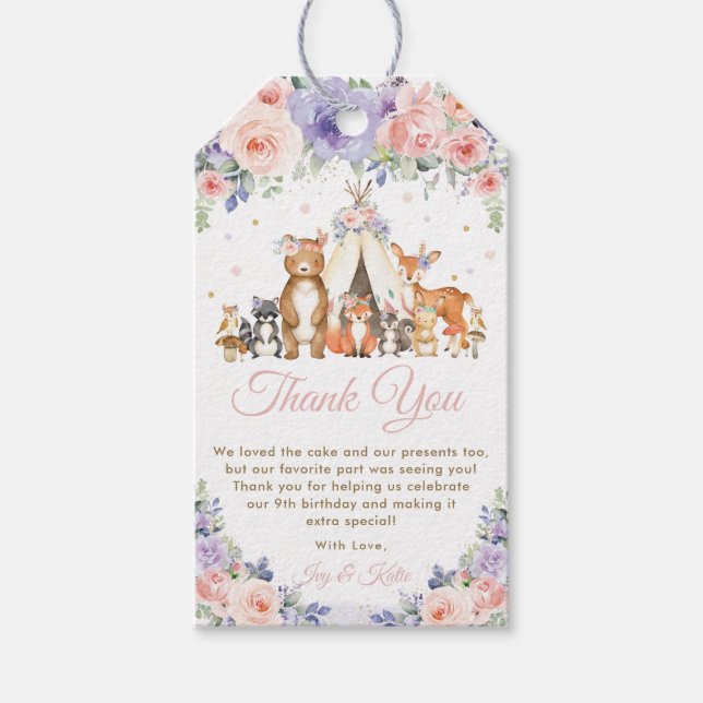 Skogslevande Djur Rosa och Lila Blommig Tack Kort (Framsidan)