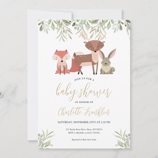 Skogslevande djur Skogsgrönska Baby Shower Inbjudningar (Framsida)