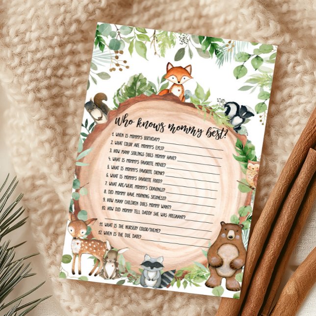 Skogslevande djur Vem Känner Mamma Bäst Lek (Wood Slice Woodland Baby Shower Who Knows Mommy Best Game)