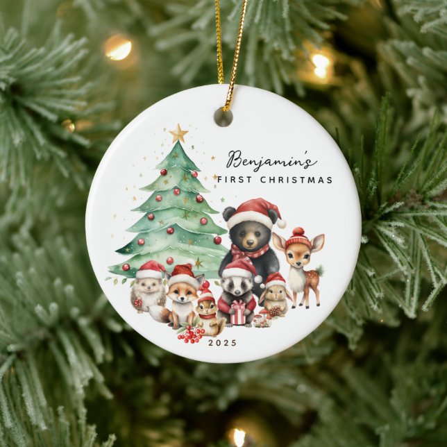 Skogslevande djurs baby första jul julgransprydnad keramik (Träd)