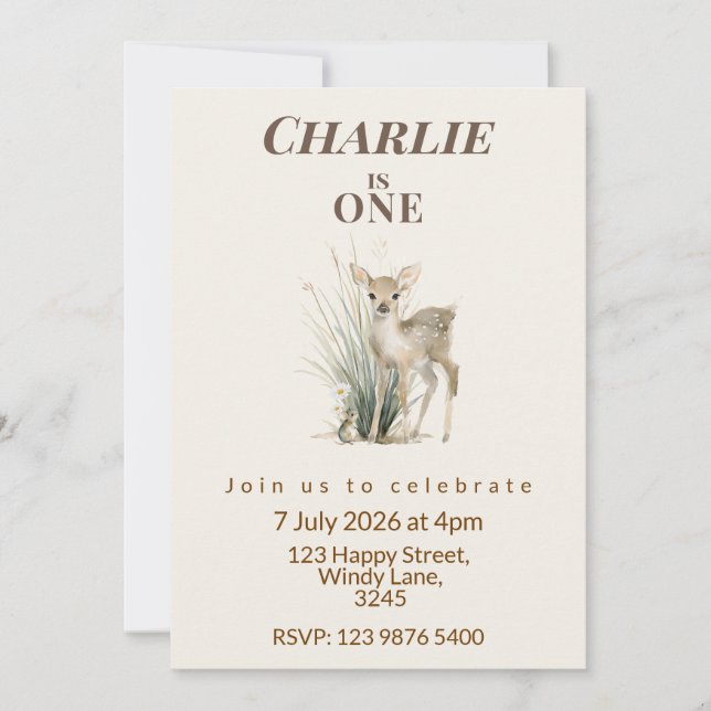 Skogslevande hjort Första födelsedagsinbjudan Inbjudningar (Framsida)