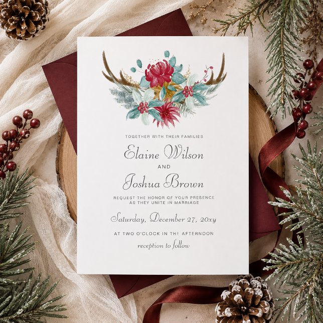 Skogslevande hjortblomsterhorn vinterbröllop inbjudningar (Woodland Deer Floral Antler Winter Wedding Invitation)