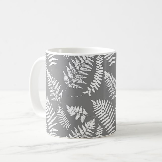 Skogsliknande Mönster med Ormbunkar, Grått och Vit Kaffemugg (Framsida vänster)