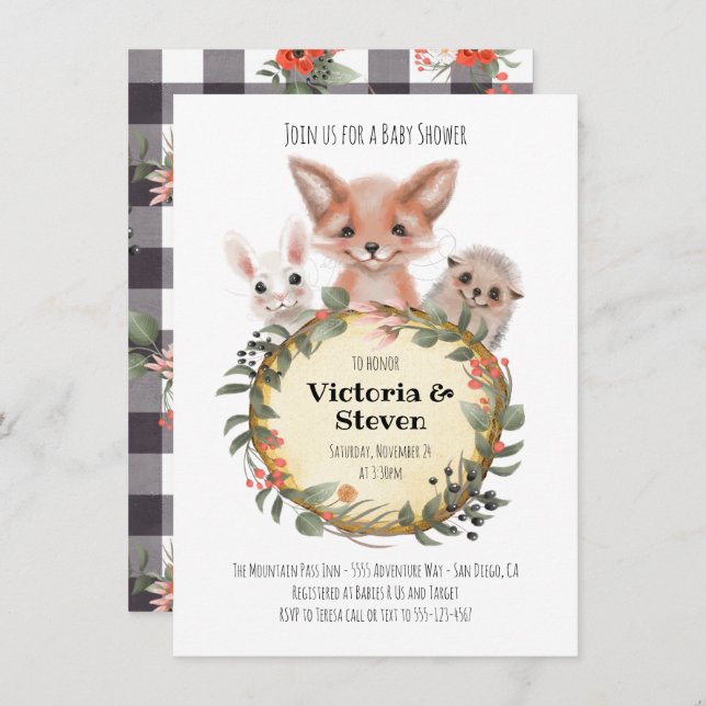 Skogslogg Baby Shower Watercolor Inbjudningar (Fram/baksida)