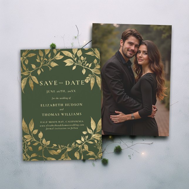 Skogslöv Botanisk Foto Bröllop Spara Datum Inbjudningar (Forest Foliage Botanical Photo Wedding Save Date Invitation Enchanted Magical Fairy Tale Moody Gold)