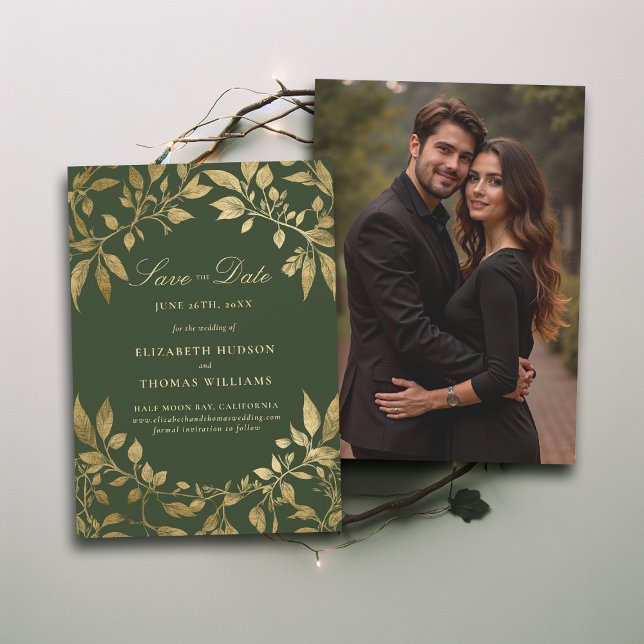 Skogslöv Magisk Foto Bröllop Spara Datum Inbjudningar (Forest Foliage Botanical Photo Wedding Save Date Invite Enchanted Magical Fairy Tale Moody Gold)