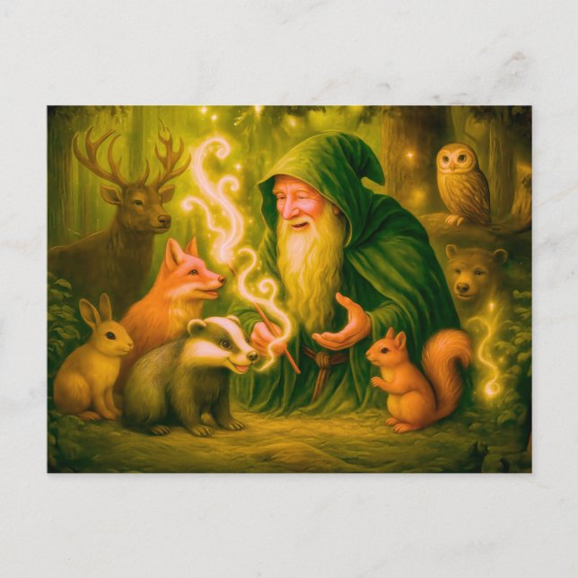 Skogsmagi som talar med djur i olja helg vykort (Framsida)