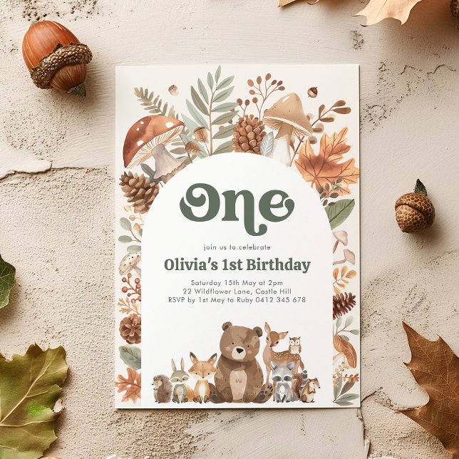 Skogsmark 1-års födelsedag Vild en Skogs Djur Inbjudningar (Woodland 1st Birthday Invitation)