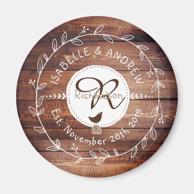 Skogsmark Bröllop Monogram Wood Löv WANAN Bird Magnet (Framsidan)