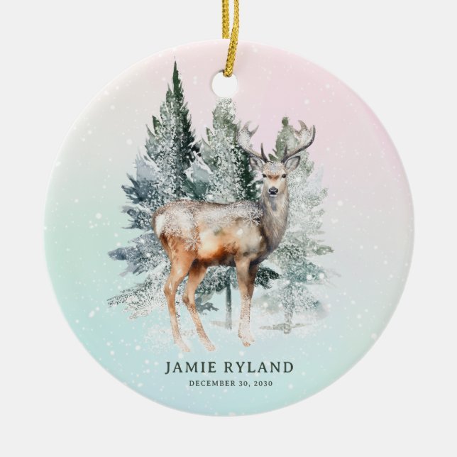 Skogsmark första julfoto och födelsedatum julgransprydnad keramik (Framsidan)