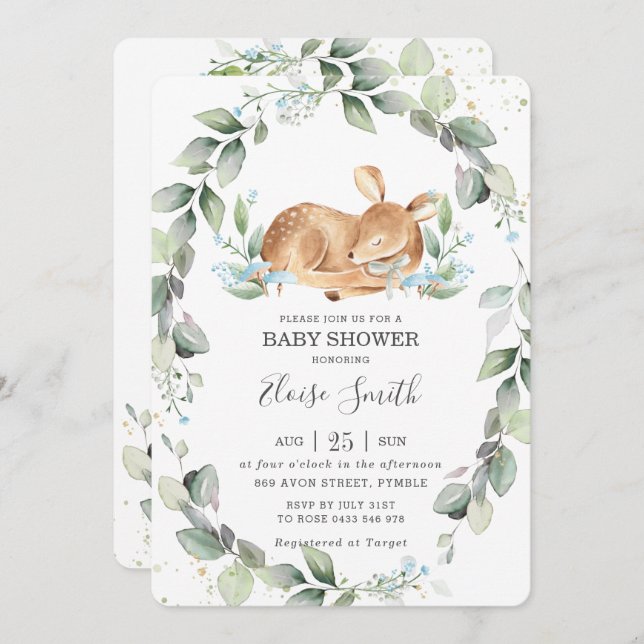 Skogsmark Hjort Rustic Grey Leafy Baby Shower Inbjudningar (Fram/baksida)