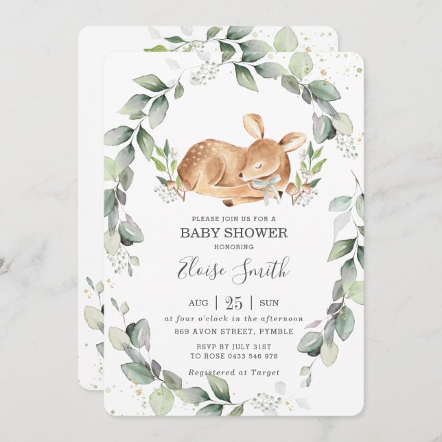 Skogsmark Hjort Rustic Grey Leafy Baby Shower Inbjudningar (Fram/baksida)