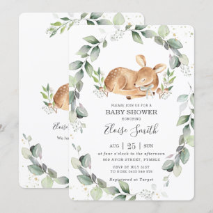 Skogsmark Hjort Rustic Grey Leafy Baby Shower Inbjudningar