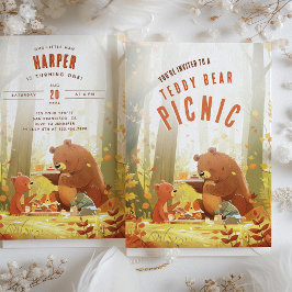 Skogsmark - Nalle Picnic First Birthday Inbjudningar