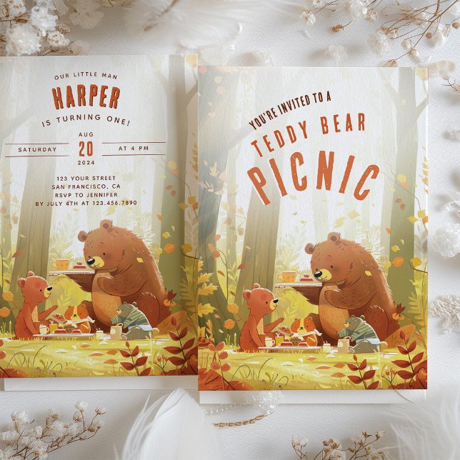Skogsmark  - Nalle Picnic First Birthday Inbjudningar (Skapare uppladdad)