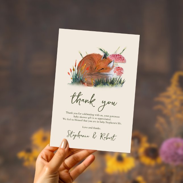 Skogsmark Sömnig räv och svamp, babyskor Tack Kort (Skapare uppladdad)