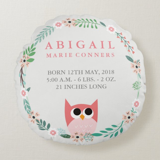 Skogsmark Uggla födelsetalen Rund Nursery Pillow Rund Kudde (Framsidan)